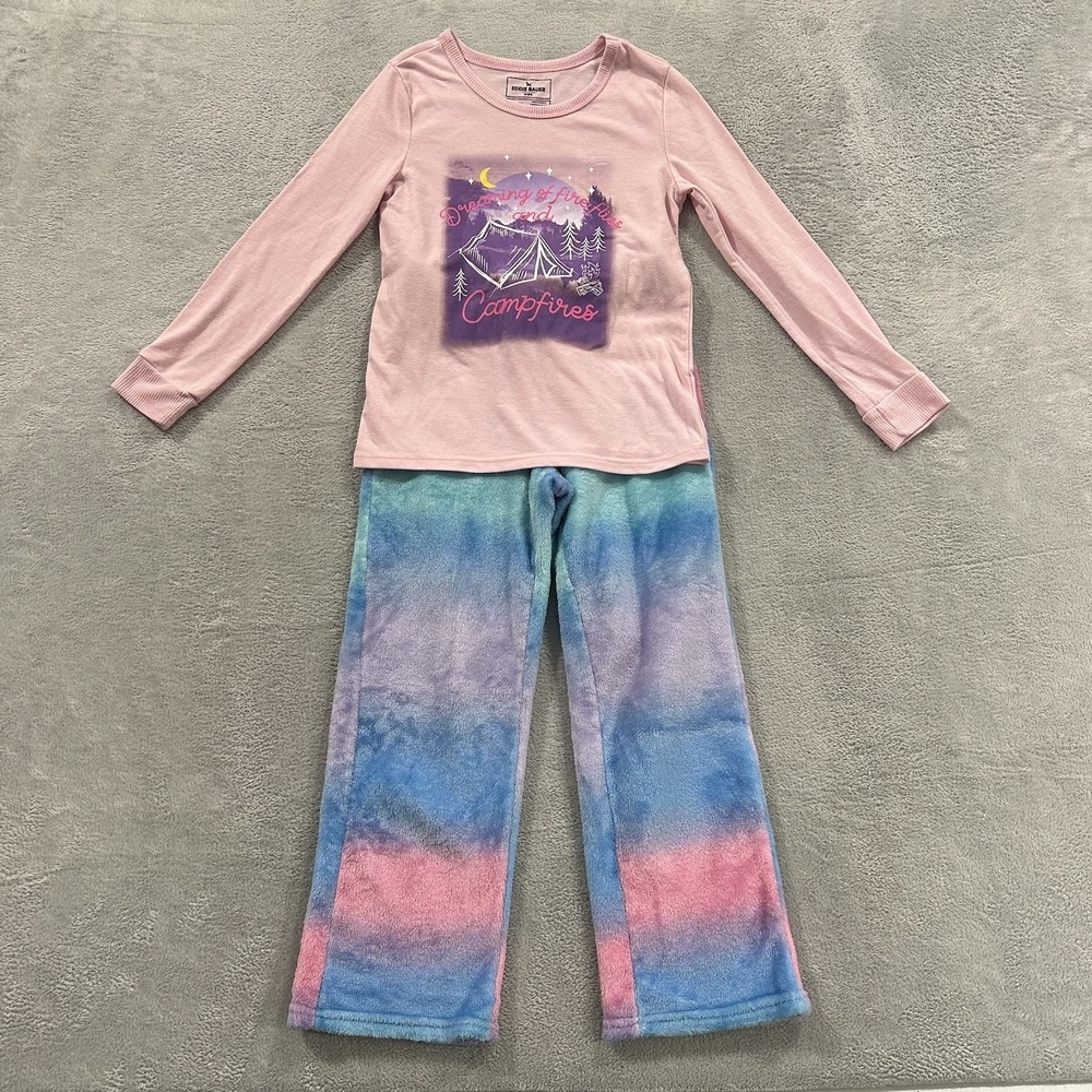 Eddie Bauer Set of 2 Pajama Shirt Pants Girls Kids M (10/12) Pink Blue Lounge